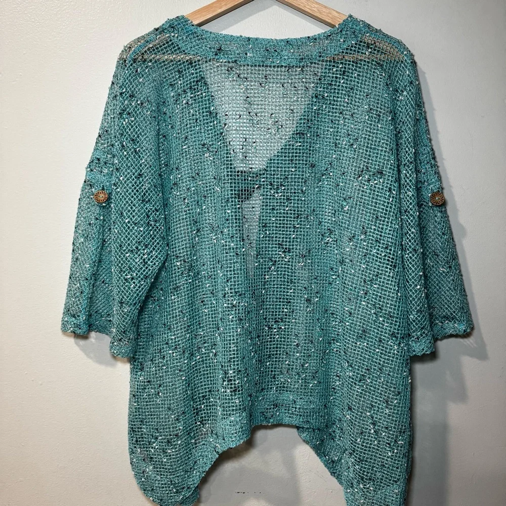 LULU B Sz Large Aqua‎ Mesh Short Sleeve Oversized Cardigan w/Huge Buttons Beachy